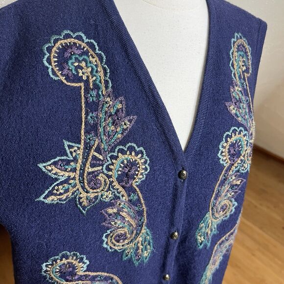Koret Petites Vest Womens Large Blue 100% Wool Embroidered Paisley Print - Picture 2 of 9